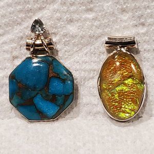 Set of 2 Sterling Silver Plated Pendants Copper Blue Turquoise & Dichroic Glass